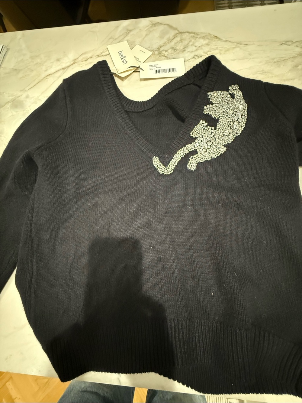 ba&sh Black V‑Neck Sweater with Crystal Panther Motif